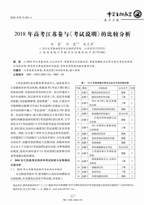 2018年高考江苏卷与《考试说明》的比较分析