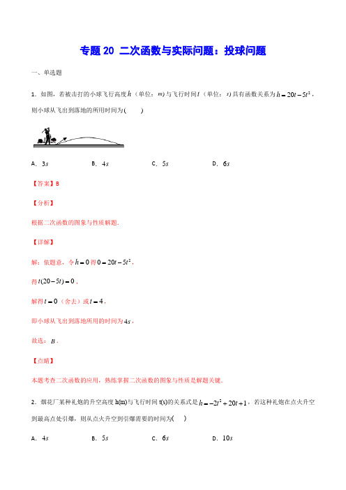 专题20 二次函数与实际问题：投球问题(解析版)2021年中考数学二轮复习之难点突破热点解题方法