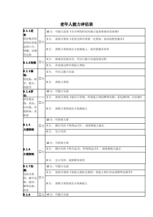 养老院老年人能力评估表(标准版)