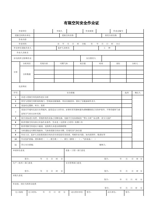 有限空间作业证和安全交底和风险告知卡