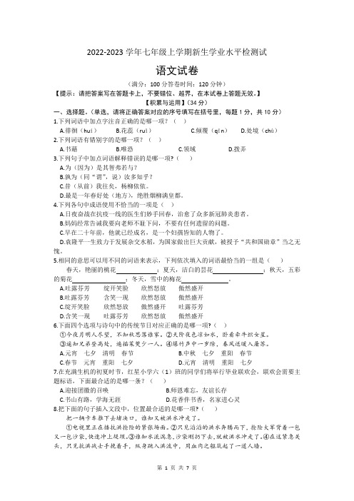 福建省泉州市安溪县2022-2023学年七年级上学期新生学业水平检测试语文试卷(word版,含答案)