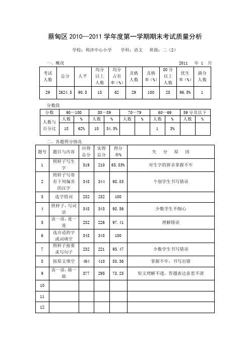 质量分析表二年级语文