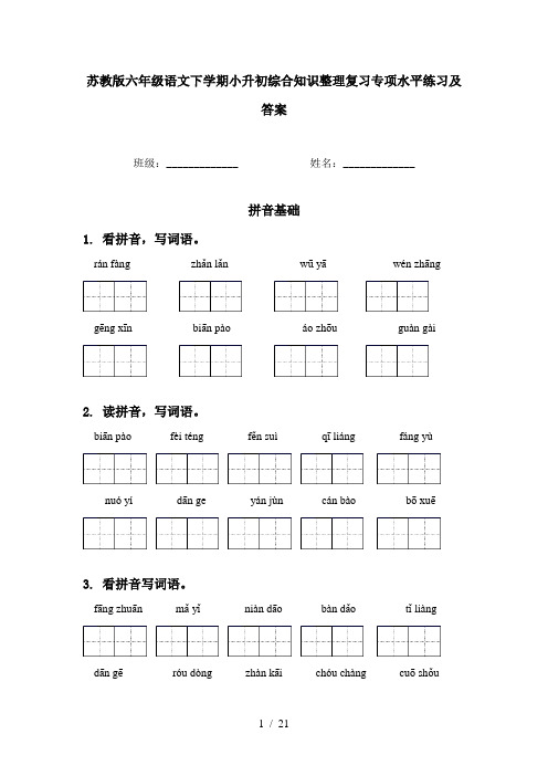 苏教版六年级语文下学期小升初综合知识整理复习专项水平练习及答案