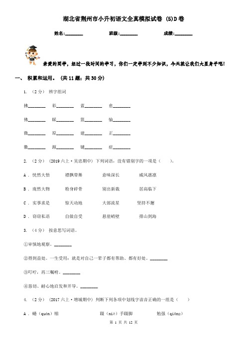 湖北省荆州市小升初语文全真模拟试卷 (5)D卷