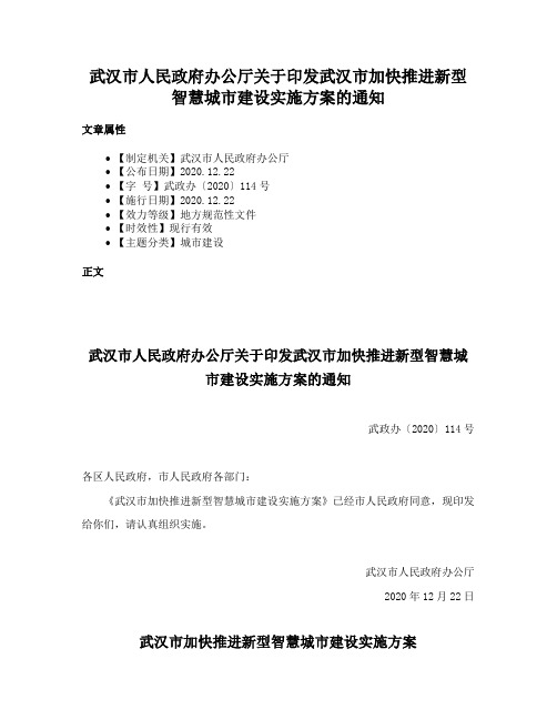 武汉市人民政府办公厅关于印发武汉市加快推进新型智慧城市建设实施方案的通知