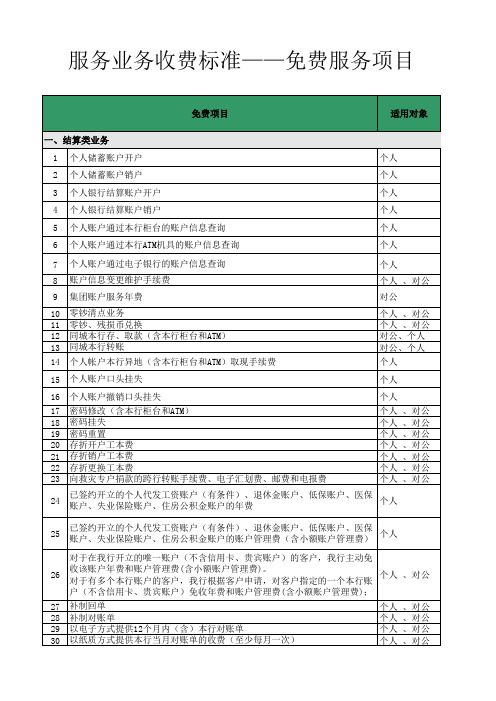 服务业务收费标准——免费服务项目