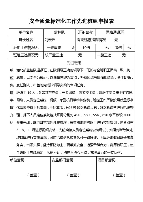 安全质量标准化工作先进班组申报表