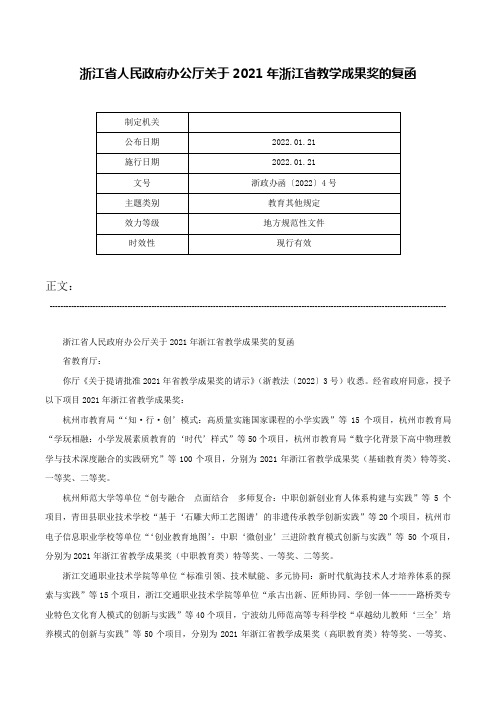 浙江省人民政府办公厅关于2021年浙江省教学成果奖的复函-浙政办函〔2022〕4号