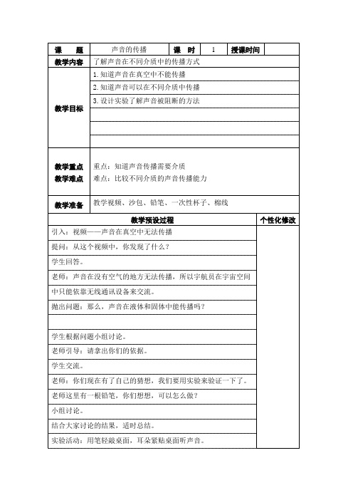 四年级上册科学优秀教案 声音的传播｜苏教版(荐)