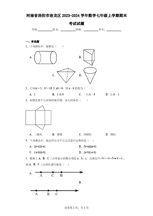 河南省洛阳市洛龙区2023-2024学年数学七年级上学期期末考试试题