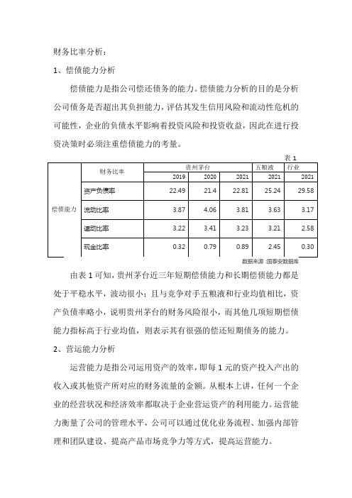 贵州茅台财务比率分析部分