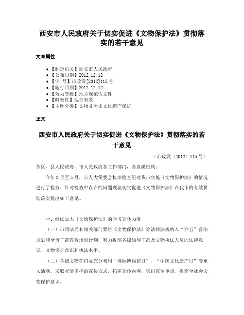 西安市人民政府关于切实促进《文物保护法》贯彻落实的若干意见