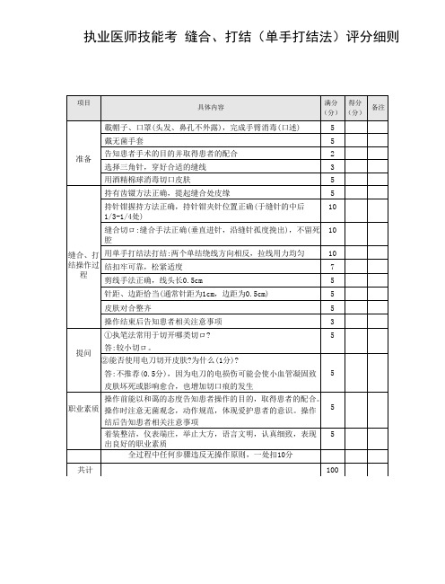 执业医师技能考 缝合、打结(单手打结法)评分细则