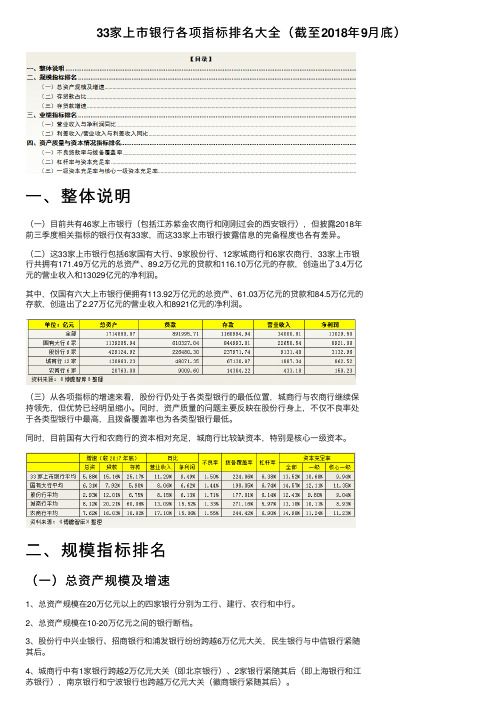 33家上市银行各项指标排名大全（截至2018年9月底）