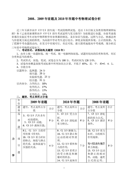 云南省近三年物理中考试卷分析