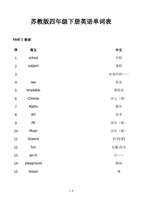 苏教版四年级下册英语单词表