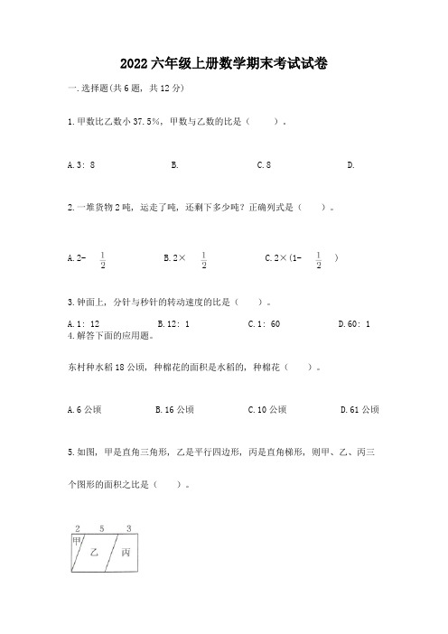 2022六年级上册数学期末考试试卷附答案(a卷)