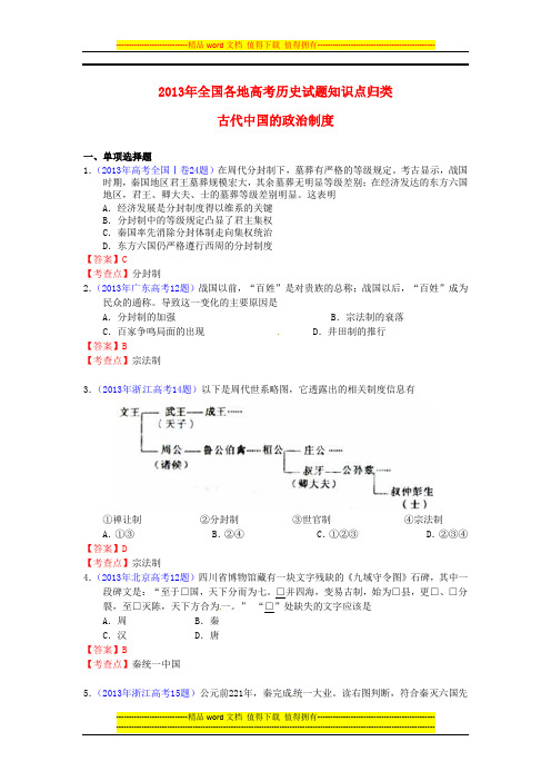 2013年全国各地高考历史试题知识点归类 古代中国的政治制度