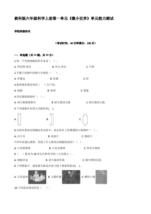 教科版小学科学六年级上册第一单元《微小世界》检测试题及答案