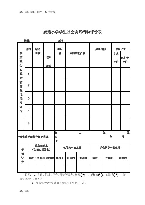 崇远小学学生社会实践活动评价表