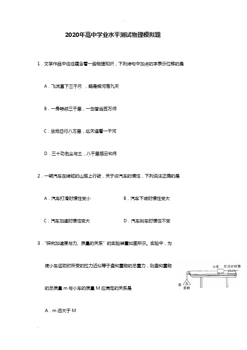 2020年江苏高中学业水平测试物理模拟题