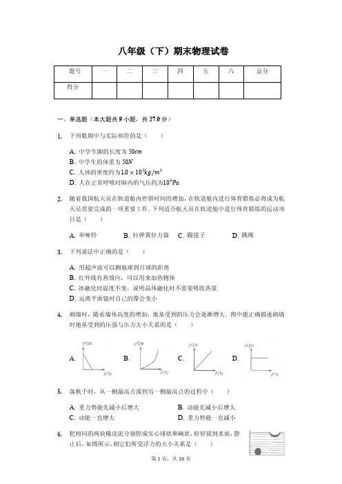 福建省南平市武夷山市八年级(下)期末物理试卷(含答案)