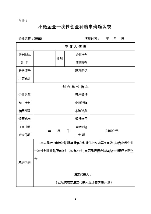 小微企业一次性创业补贴申请确认表