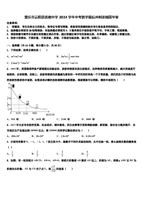 重庆市云阳县养鹿中学2024届中考数学最后冲刺浓缩精华卷含解析