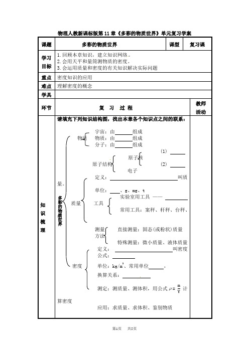 初中九年级物理第11章《多彩的物质世界》单元复习学案