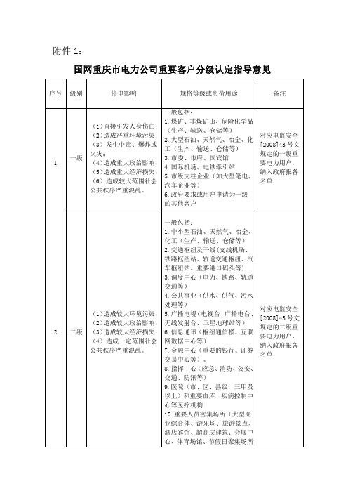 国网重庆市电力公司重要客户分级认定指导意见