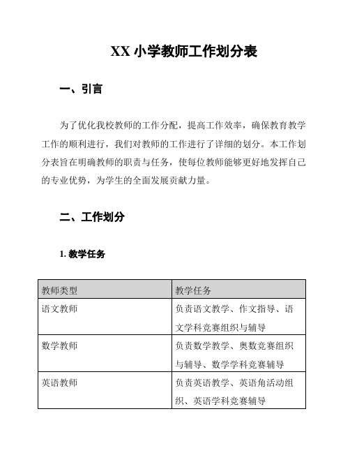 XX小学教师工作划分表