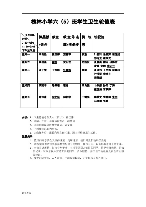 最新版学生卫生轮值表