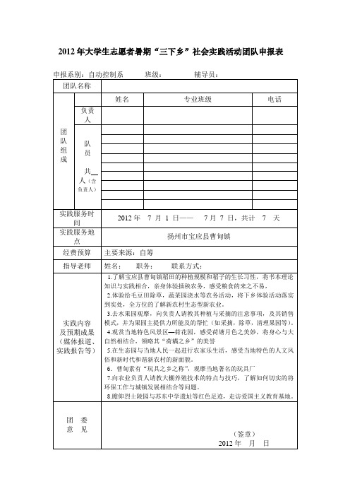 大学生志愿者暑期“三下乡”社会实践活动团队申报表