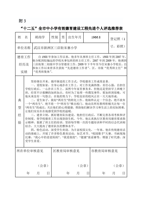 “十二五”全市中小学有效德育建设工程先进个人评选推荐表