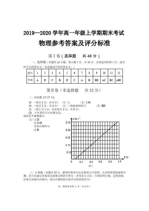 2019-2020学年高一上学期期末考试物理答案