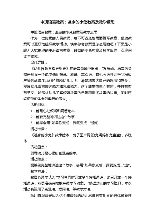 中班语言教案：逃家的小兔教案及教学反思