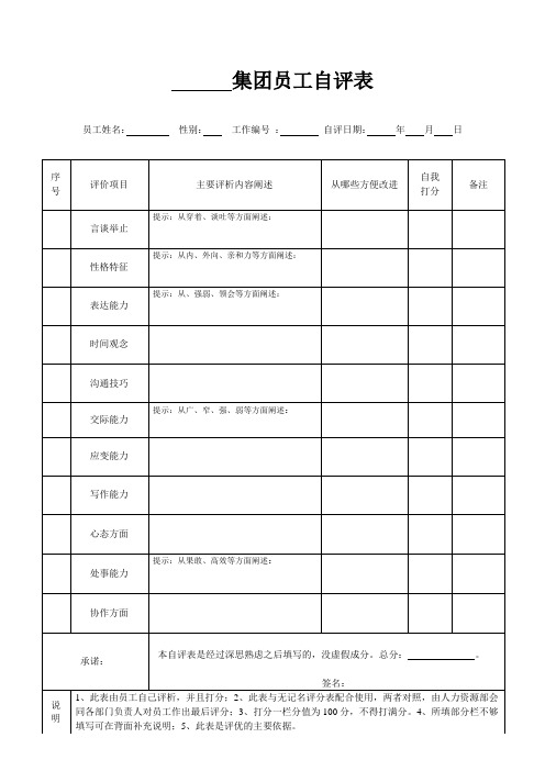 集团员工自评表