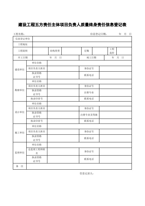 建设工程五方责任主体项目负责人质量终身责任信息登记表