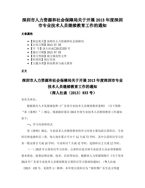 深圳市人力资源和社会保障局关于开展2013年度深圳市专业技术人员继续教育工作的通知