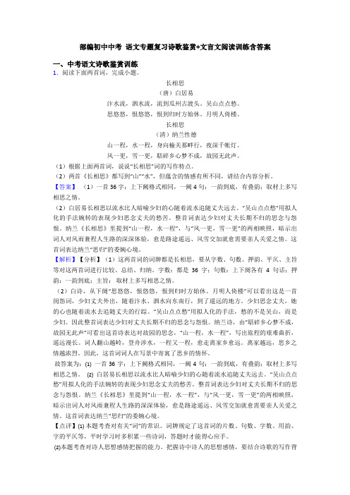 部编初中中考 语文专题复习诗歌鉴赏+文言文阅读训练含答案 (3)