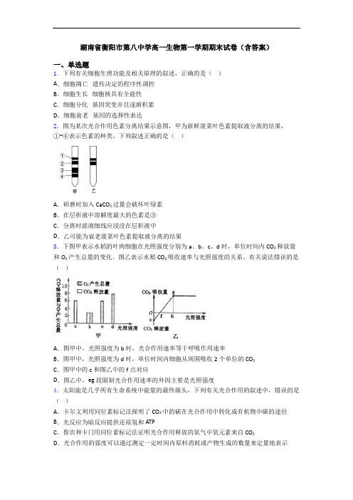 湖南省衡阳市第八中学高一生物第一学期期末试卷(含答案)