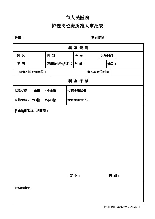 市人民医院护理岗位资质准入审批表