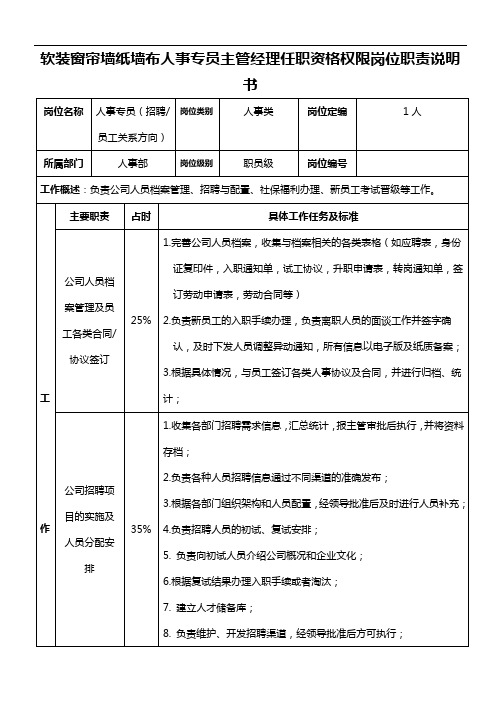 软装窗帘墙纸墙布人事专员主管经理任职资格权限岗位职责说明书