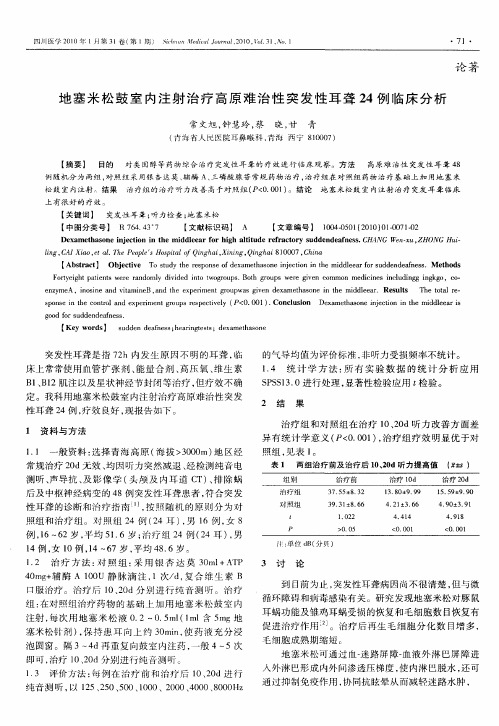 地塞米松鼓室内注射治疗高原难治性突发性耳聋24例临床分析