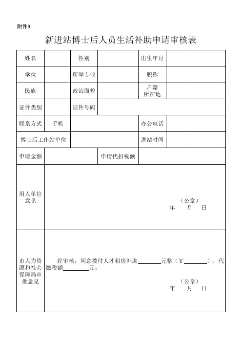 新进博士后工作站的博士后人员生活补助申请审核表