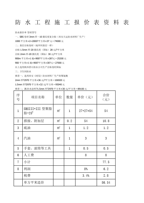 防水工程施工报价表