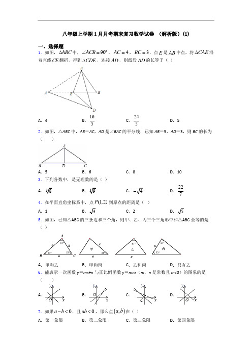 八年级上学期1月月考期末复习数学试卷 (解析版)(1)