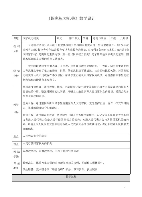 2020-2021学年部编版八年级道德与法治下册6.1：国家权力机关     教学设计