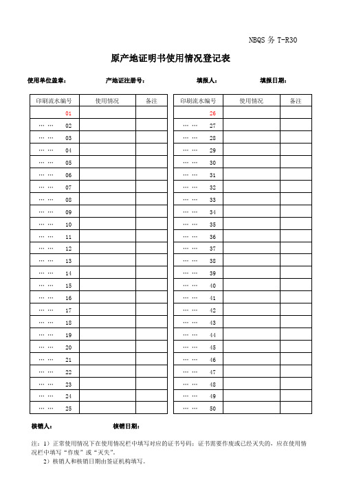 原产地证明书使用登记表