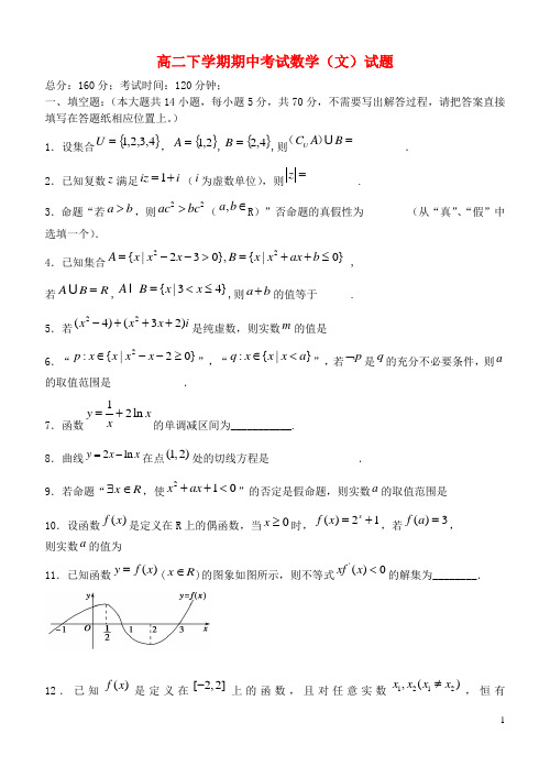 江苏省江阴市五校高二数学下学期期中联考试题 文 苏教版